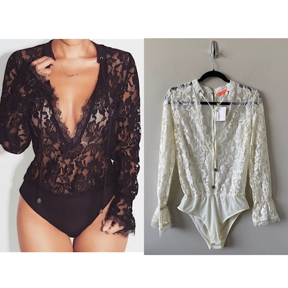 Lulumari-Lace Deep V Long Sleeve Cream Bodysuit